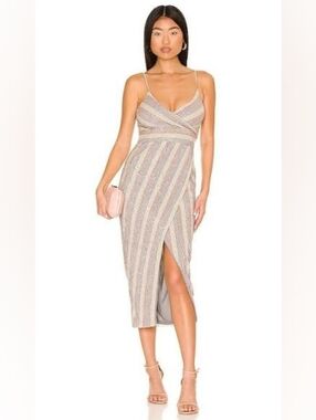 SAYLOR Metallic Striped Wrap Midi Dress in Champagne and Silver